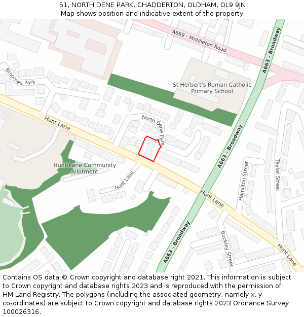 51, NORTH DENE PARK, CHADDERTON, OLDHAM, OL9 9JN: Location map and indicative extent of plot