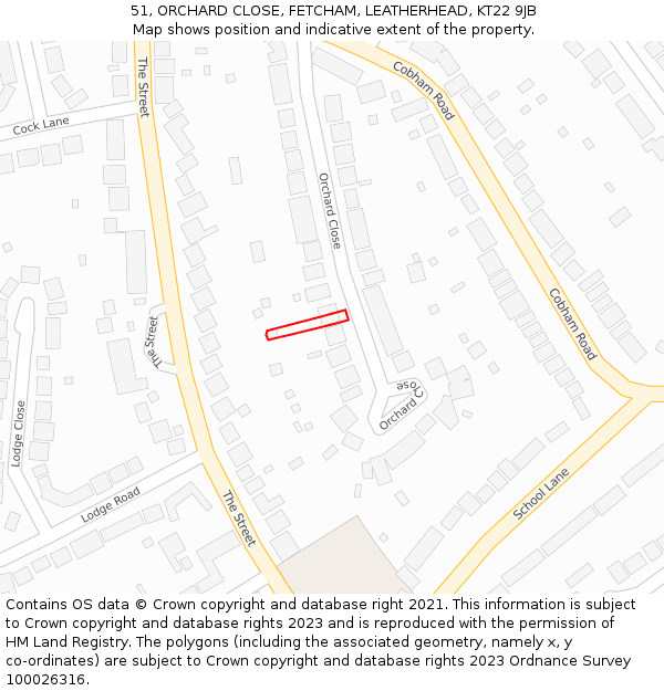 51, ORCHARD CLOSE, FETCHAM, LEATHERHEAD, KT22 9JB: Location map and indicative extent of plot
