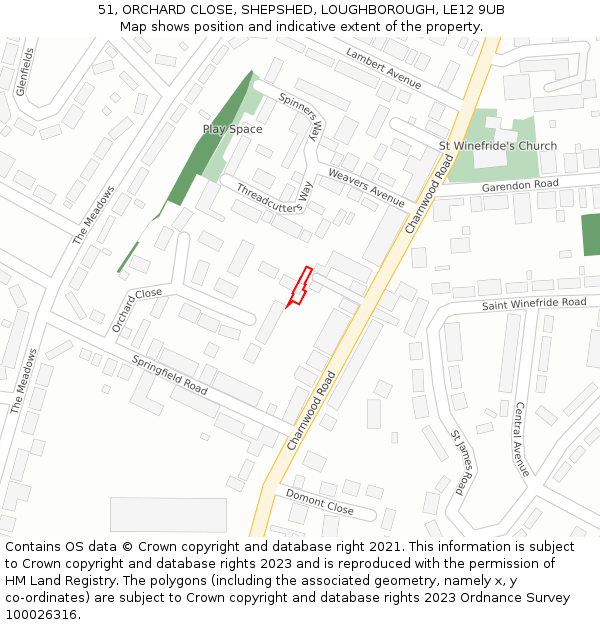 51, ORCHARD CLOSE, SHEPSHED, LOUGHBOROUGH, LE12 9UB: Location map and indicative extent of plot
