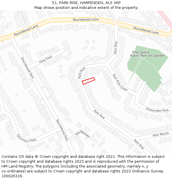 51, PARK RISE, HARPENDEN, AL5 3AP: Location map and indicative extent of plot