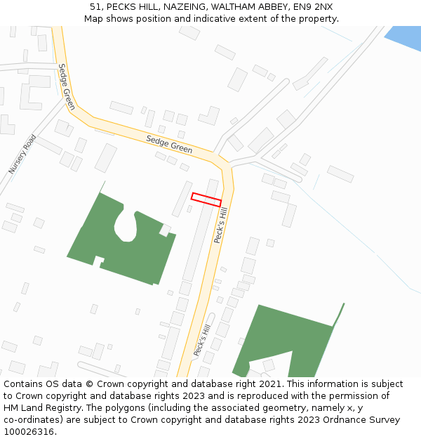 51, PECKS HILL, NAZEING, WALTHAM ABBEY, EN9 2NX: Location map and indicative extent of plot