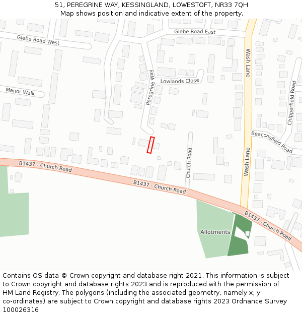 51, PEREGRINE WAY, KESSINGLAND, LOWESTOFT, NR33 7QH: Location map and indicative extent of plot