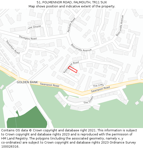 51, POLMENNOR ROAD, FALMOUTH, TR11 5UX: Location map and indicative extent of plot