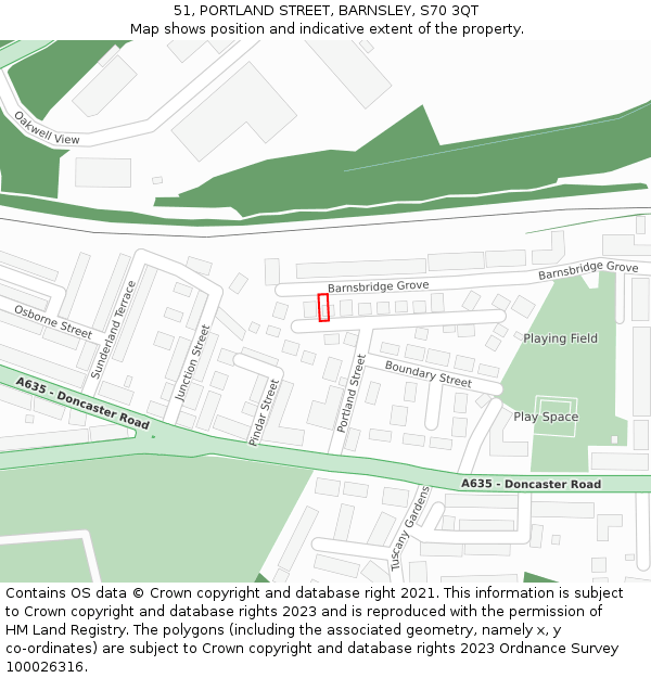 51, PORTLAND STREET, BARNSLEY, S70 3QT: Location map and indicative extent of plot