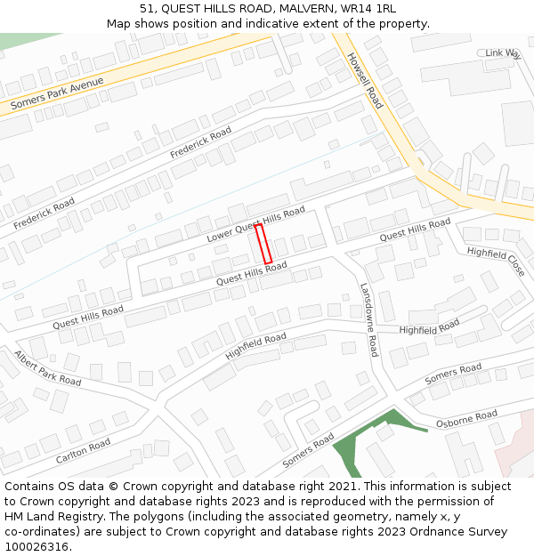 51, QUEST HILLS ROAD, MALVERN, WR14 1RL: Location map and indicative extent of plot