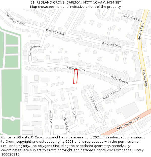 51, REDLAND GROVE, CARLTON, NOTTINGHAM, NG4 3ET: Location map and indicative extent of plot