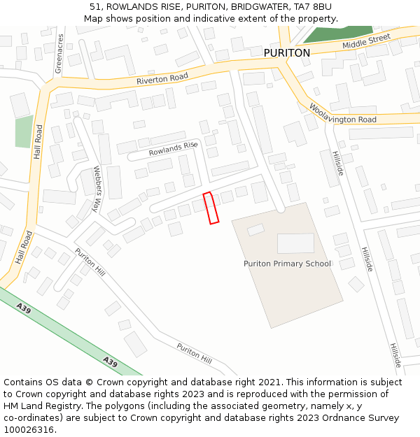 51, ROWLANDS RISE, PURITON, BRIDGWATER, TA7 8BU: Location map and indicative extent of plot