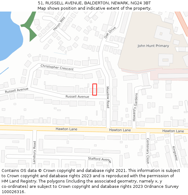 51, RUSSELL AVENUE, BALDERTON, NEWARK, NG24 3BT: Location map and indicative extent of plot