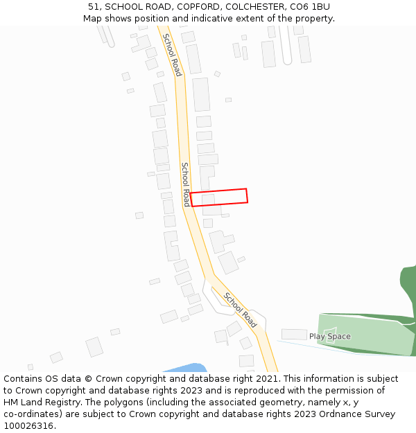 51, SCHOOL ROAD, COPFORD, COLCHESTER, CO6 1BU: Location map and indicative extent of plot