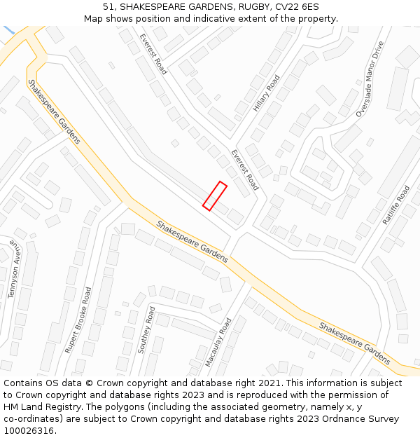 51, SHAKESPEARE GARDENS, RUGBY, CV22 6ES: Location map and indicative extent of plot