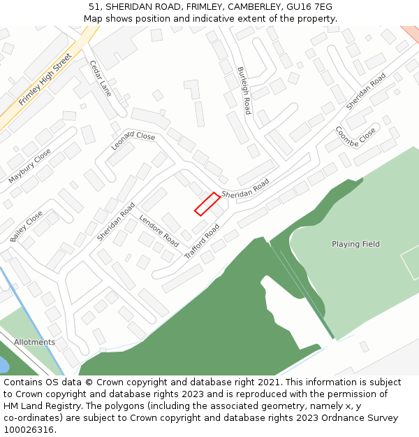 51, SHERIDAN ROAD, FRIMLEY, CAMBERLEY, GU16 7EG: Location map and indicative extent of plot