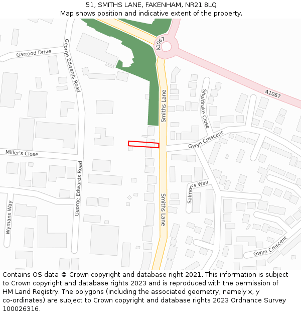 51, SMITHS LANE, FAKENHAM, NR21 8LQ: Location map and indicative extent of plot