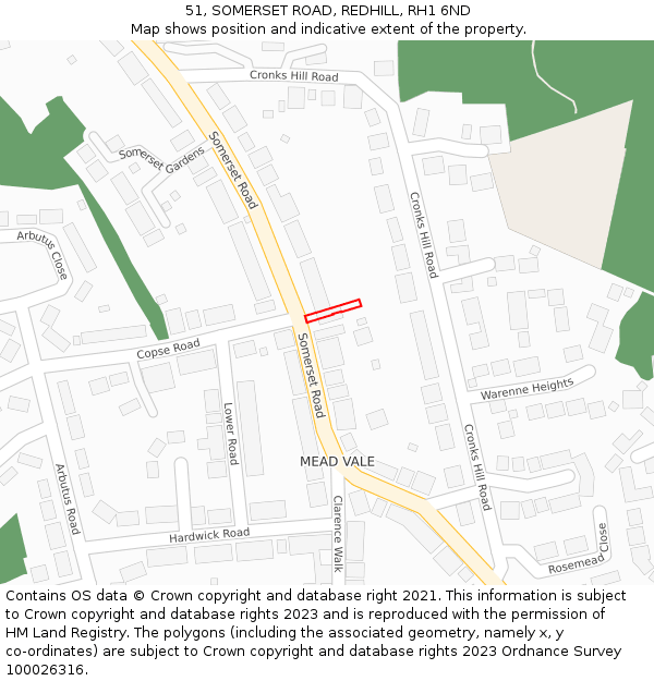 51, SOMERSET ROAD, REDHILL, RH1 6ND: Location map and indicative extent of plot