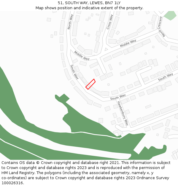 51, SOUTH WAY, LEWES, BN7 1LY: Location map and indicative extent of plot