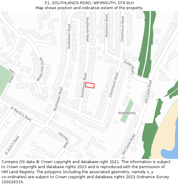 51, SOUTHLANDS ROAD, WEYMOUTH, DT4 9LH: Location map and indicative extent of plot