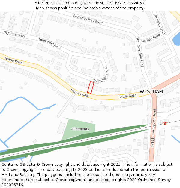 51, SPRINGFIELD CLOSE, WESTHAM, PEVENSEY, BN24 5JG: Location map and indicative extent of plot