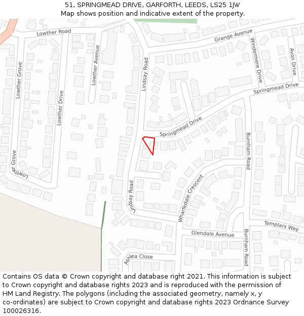 51, SPRINGMEAD DRIVE, GARFORTH, LEEDS, LS25 1JW: Location map and indicative extent of plot