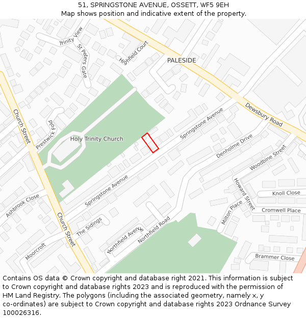 51, SPRINGSTONE AVENUE, OSSETT, WF5 9EH: Location map and indicative extent of plot