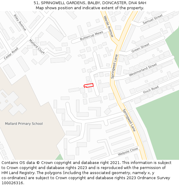 51, SPRINGWELL GARDENS, BALBY, DONCASTER, DN4 9AH: Location map and indicative extent of plot