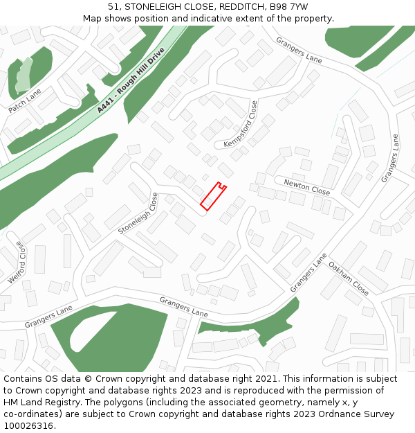 51, STONELEIGH CLOSE, REDDITCH, B98 7YW: Location map and indicative extent of plot