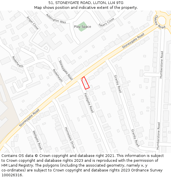 51, STONEYGATE ROAD, LUTON, LU4 9TG: Location map and indicative extent of plot