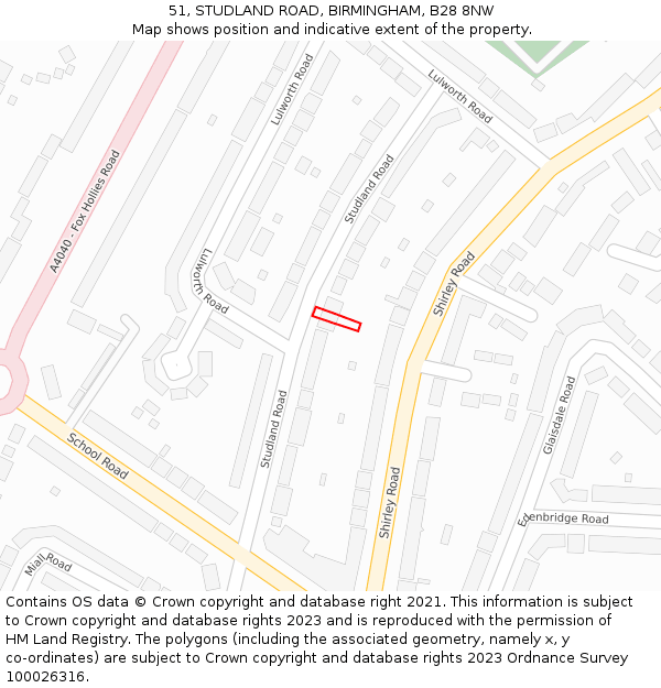 51, STUDLAND ROAD, BIRMINGHAM, B28 8NW: Location map and indicative extent of plot