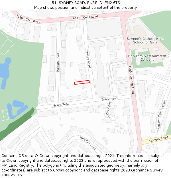 51, SYDNEY ROAD, ENFIELD, EN2 6TS: Location map and indicative extent of plot