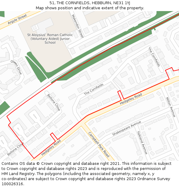 51, THE CORNFIELDS, HEBBURN, NE31 1YJ: Location map and indicative extent of plot