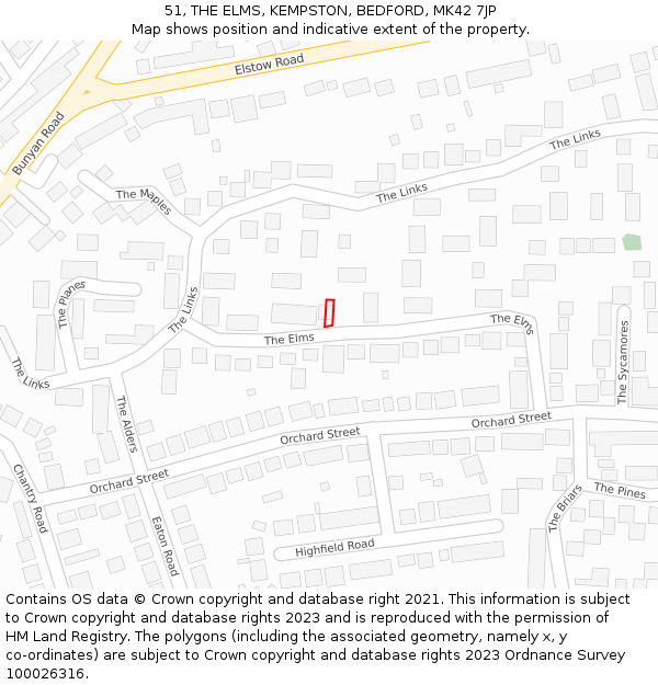 51, THE ELMS, KEMPSTON, BEDFORD, MK42 7JP: Location map and indicative extent of plot