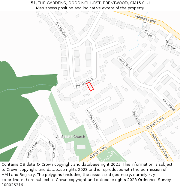 51, THE GARDENS, DODDINGHURST, BRENTWOOD, CM15 0LU: Location map and indicative extent of plot