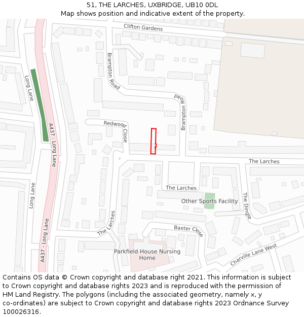 51, THE LARCHES, UXBRIDGE, UB10 0DL: Location map and indicative extent of plot