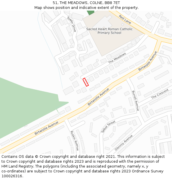 51, THE MEADOWS, COLNE, BB8 7ET: Location map and indicative extent of plot