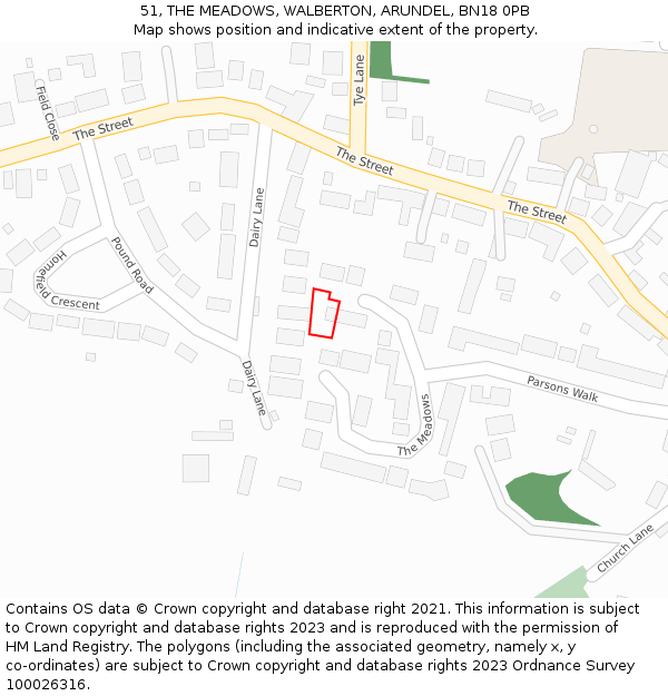 51, THE MEADOWS, WALBERTON, ARUNDEL, BN18 0PB: Location map and indicative extent of plot