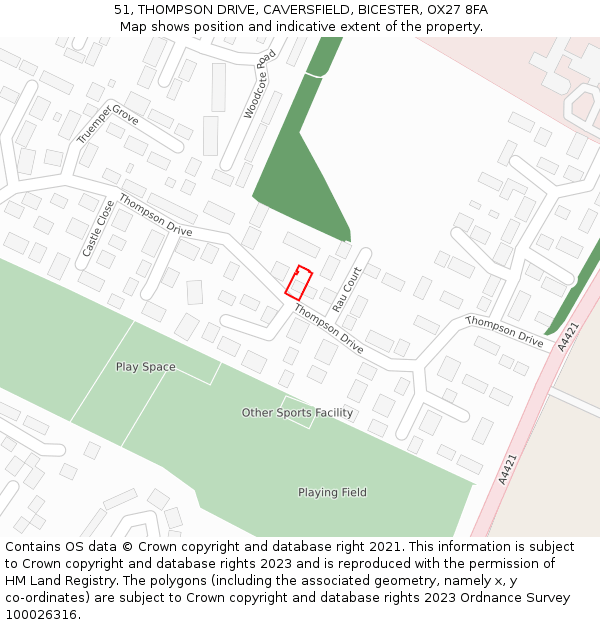 51, THOMPSON DRIVE, CAVERSFIELD, BICESTER, OX27 8FA: Location map and indicative extent of plot