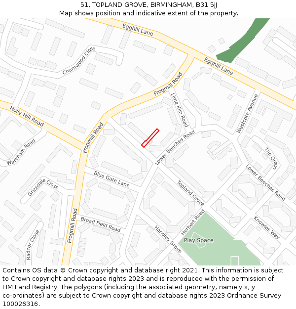 51, TOPLAND GROVE, BIRMINGHAM, B31 5JJ: Location map and indicative extent of plot