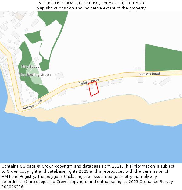 51, TREFUSIS ROAD, FLUSHING, FALMOUTH, TR11 5UB: Location map and indicative extent of plot