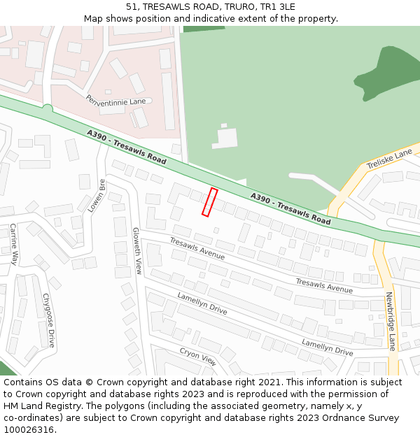 51, TRESAWLS ROAD, TRURO, TR1 3LE: Location map and indicative extent of plot