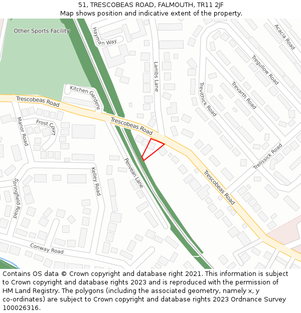 51, TRESCOBEAS ROAD, FALMOUTH, TR11 2JF: Location map and indicative extent of plot