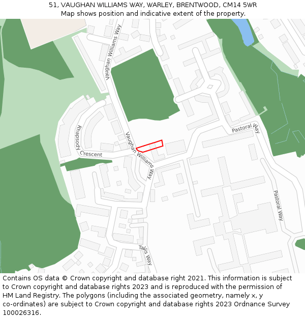 51, VAUGHAN WILLIAMS WAY, WARLEY, BRENTWOOD, CM14 5WR: Location map and indicative extent of plot