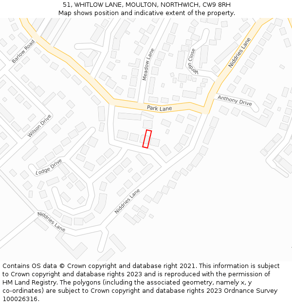 51, WHITLOW LANE, MOULTON, NORTHWICH, CW9 8RH: Location map and indicative extent of plot