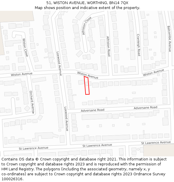 51, WISTON AVENUE, WORTHING, BN14 7QX: Location map and indicative extent of plot