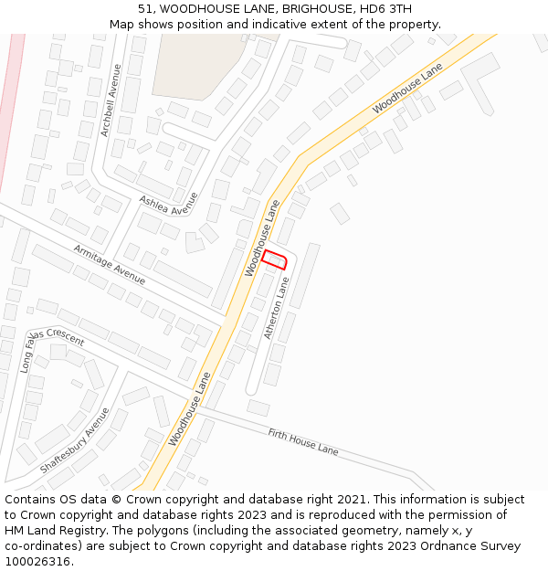 51, WOODHOUSE LANE, BRIGHOUSE, HD6 3TH: Location map and indicative extent of plot