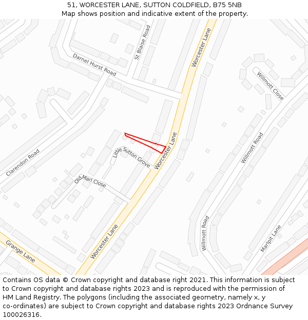 51, WORCESTER LANE, SUTTON COLDFIELD, B75 5NB: Location map and indicative extent of plot