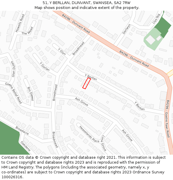 51, Y BERLLAN, DUNVANT, SWANSEA, SA2 7RW: Location map and indicative extent of plot