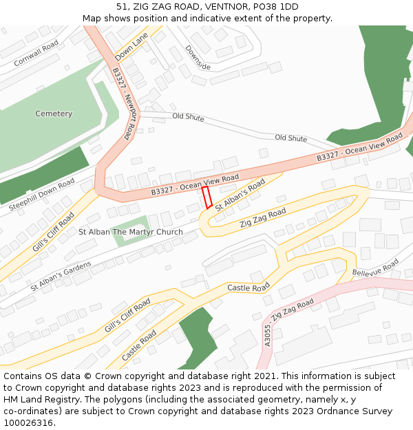 51, ZIG ZAG ROAD, VENTNOR, PO38 1DD: Location map and indicative extent of plot