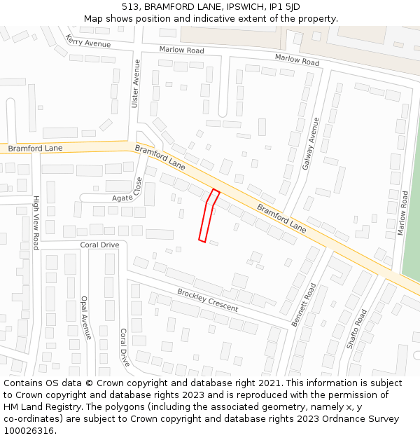 513, BRAMFORD LANE, IPSWICH, IP1 5JD: Location map and indicative extent of plot