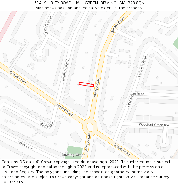 514, SHIRLEY ROAD, HALL GREEN, BIRMINGHAM, B28 8QN: Location map and indicative extent of plot