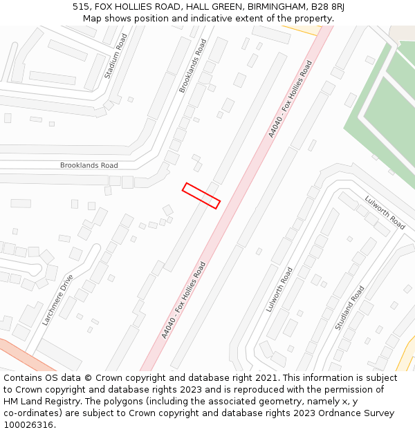 515, FOX HOLLIES ROAD, HALL GREEN, BIRMINGHAM, B28 8RJ: Location map and indicative extent of plot