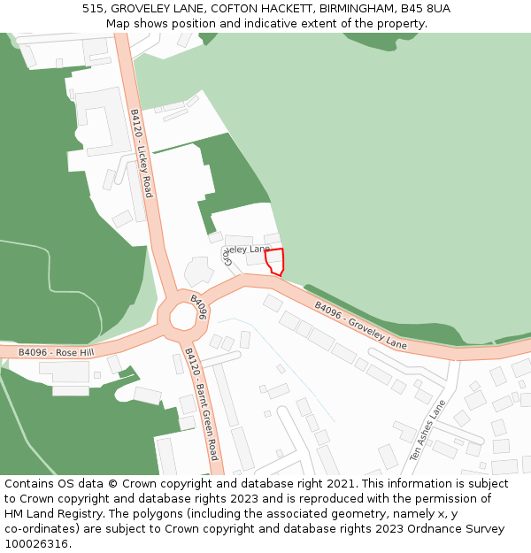 515, GROVELEY LANE, COFTON HACKETT, BIRMINGHAM, B45 8UA: Location map and indicative extent of plot