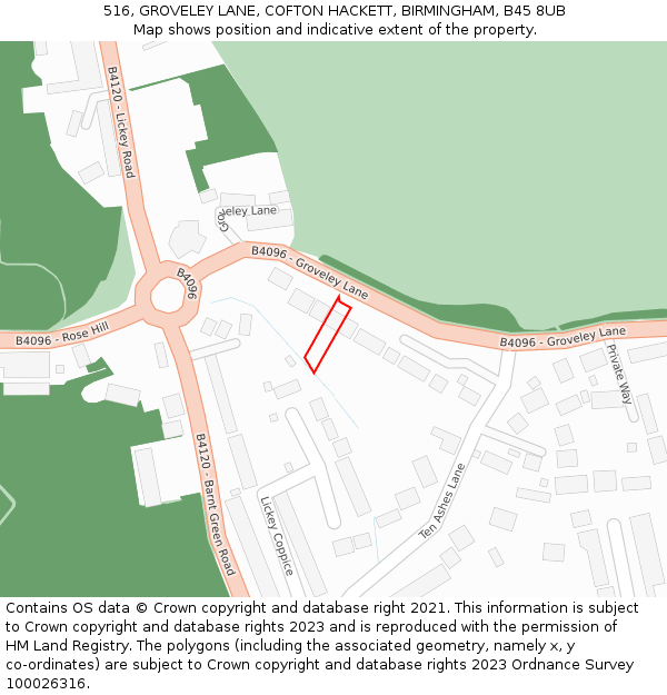 516, GROVELEY LANE, COFTON HACKETT, BIRMINGHAM, B45 8UB: Location map and indicative extent of plot